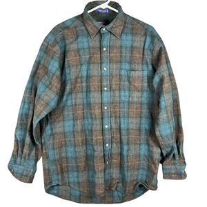 Pendleton Lodge Shirt Mens L Long Plaid 100% Virgin Wool Button Up Vinage